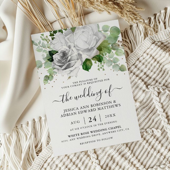 Elegant White Roses & Eucalyptus Greenery Wedding Invitation (Creator Uploaded)