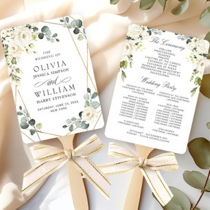 Elegant White  Roses Eucalyptus Wedding Program Hand Fan