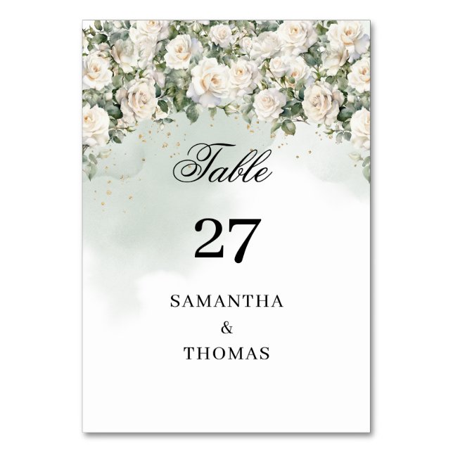 Elegant White Roses Floral Garden greenery  Table Number (Front)