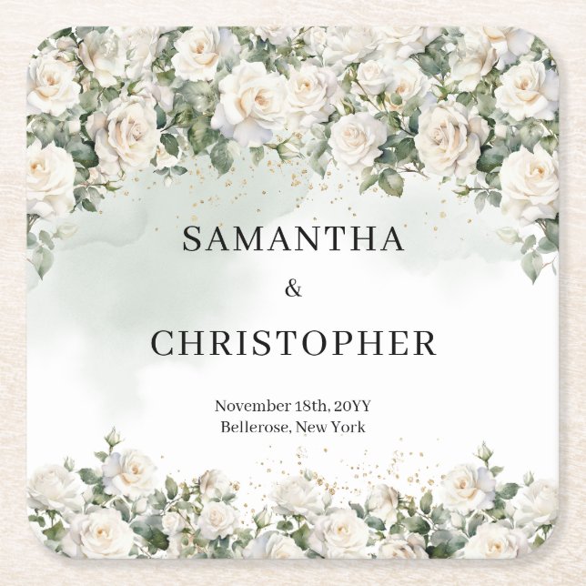 Elegant White Roses Floral Garden greenery wedding Square Paper Coaster (Front)