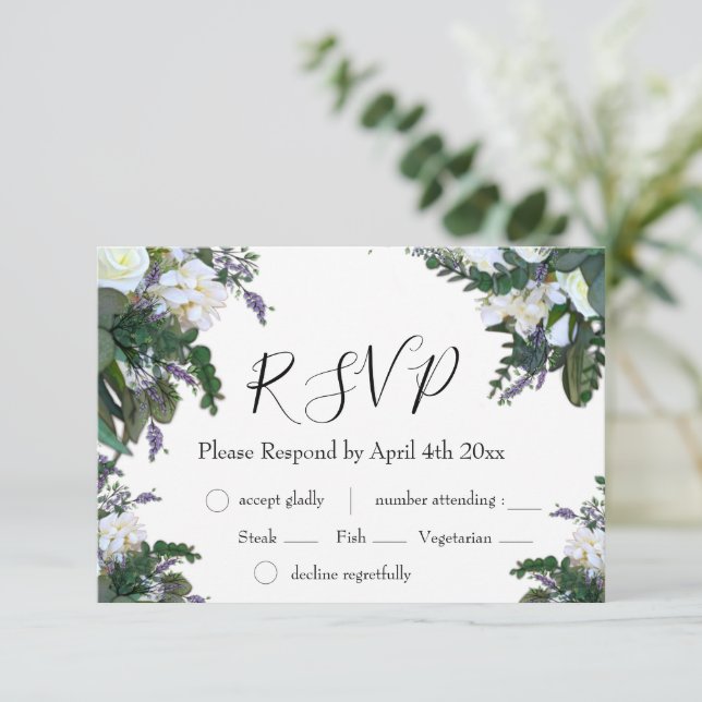 Elegant white roses floral lavender greenery RSVP  Card (Standing Front)