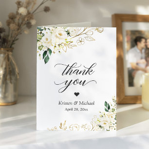 Elegant White Roses Floral Wedding Thank You Card