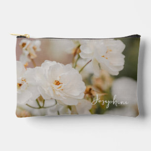 Elegant White Roses Flower Photo With Custom Name Accessory Pouch