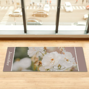 Elegant White Roses Flower Photo With Custom Name Yoga Mat