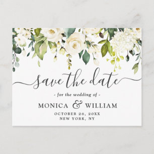 Elegant White Roses Flowers Wedding Save the Date Announcement Postcard