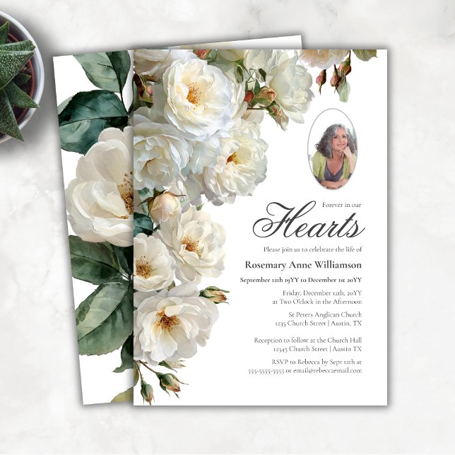 Elegant White Roses Forever In our Hearts Funeral Invitation (Creator Uploaded)