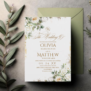 Elegant White Roses & Gold Floral Wedding  Invitation