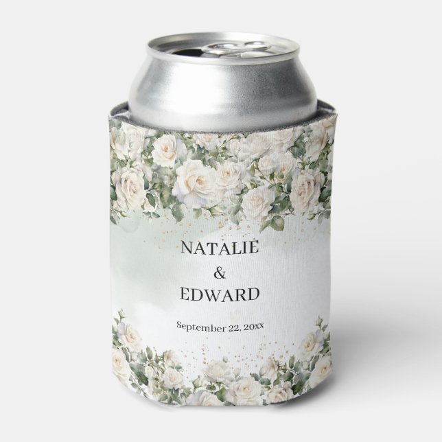 Elegant White Roses Greenery and Gold wedding  Can Cooler (Can Front)