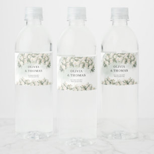 Elegant White Roses Greenery and Gold wedding Water Bottle Label