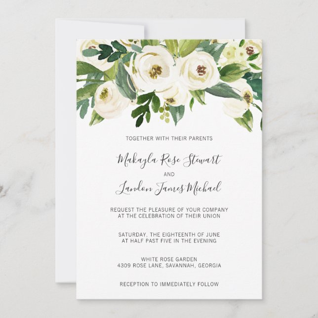Elegant White Roses Greenery Floral Wedding Invitation (Front)