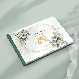 Elegant White Roses Greenery Gold 80th Birthday Guest Book