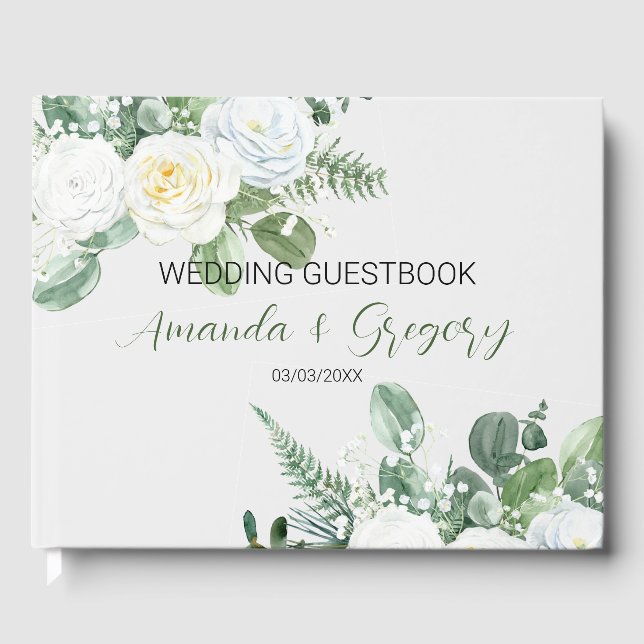 Elegant White Roses & Greenery  Guest Book (Front)