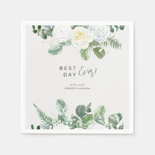 Elegant White Roses & Greenery Napkin