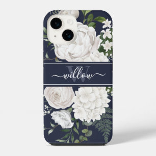 Elegant White Roses Greenery Navy Blue Monogram iPhone 14 Case
