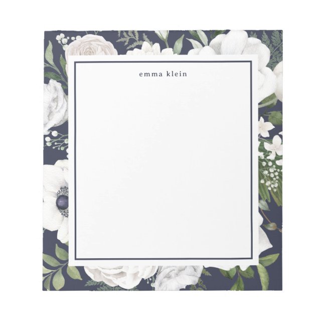 Elegant White Roses Greenery Navy Blue Name Notepad (Front)
