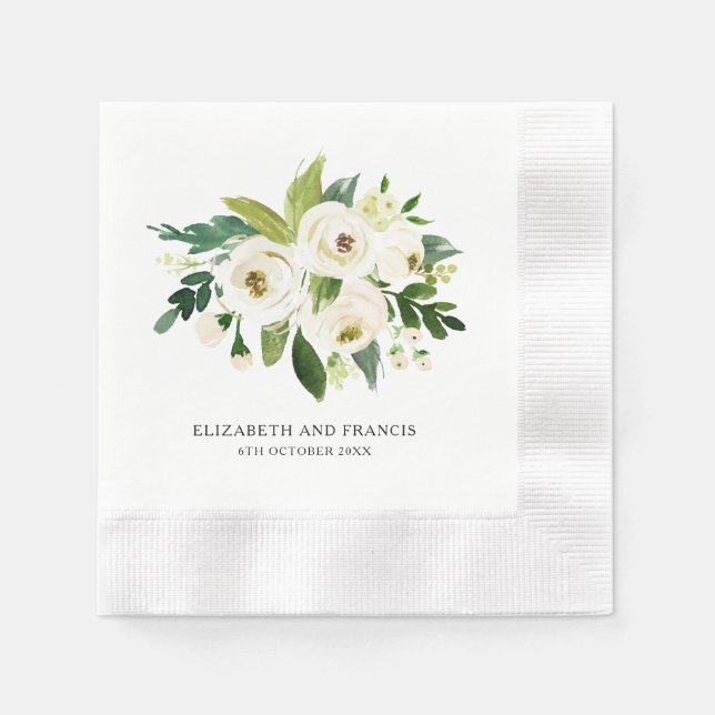 Elegant White Roses Greenery  Wedding Paper Napkin (Front)