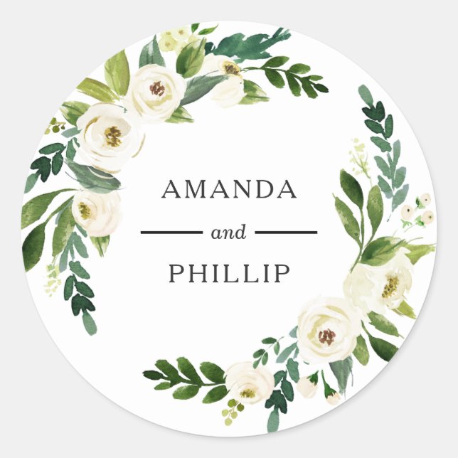 Elegant White Roses Greenery Wedding Round Sticker (Front)