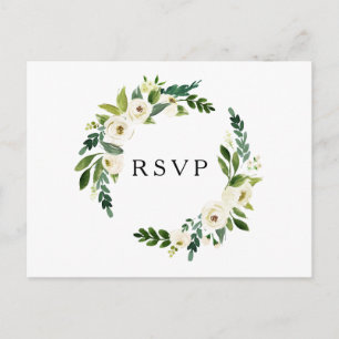 Elegant White Roses Greenery Wedding RSVP Postcard