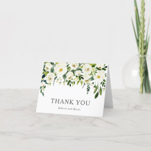 Elegant White Roses Greenery Wedding Thank You Card