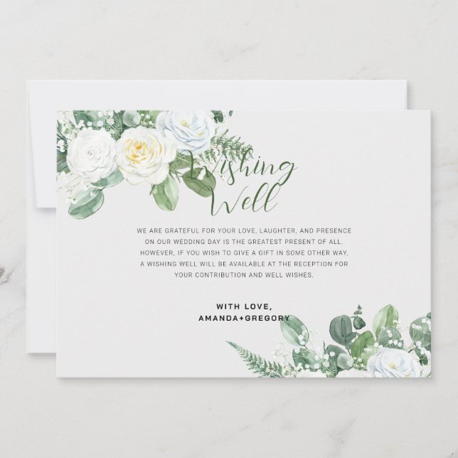 Elegant White Roses & Greenery Wishing Well Invitation (Front)
