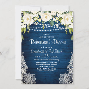 Elegant White Roses Lace Rustic Rehearsal Dinner Invitation