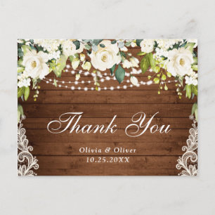 Elegant White Roses Lace Rustic Thank You Cards