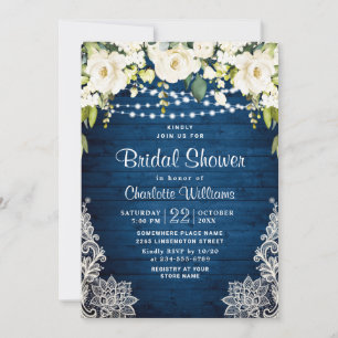 Elegant White Roses Lace Rustic Wood Bridal Shower Invitation