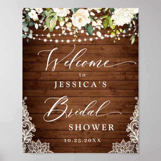 Elegant White Roses Lace Rustic Wood Bridal Shower Poster (Front)