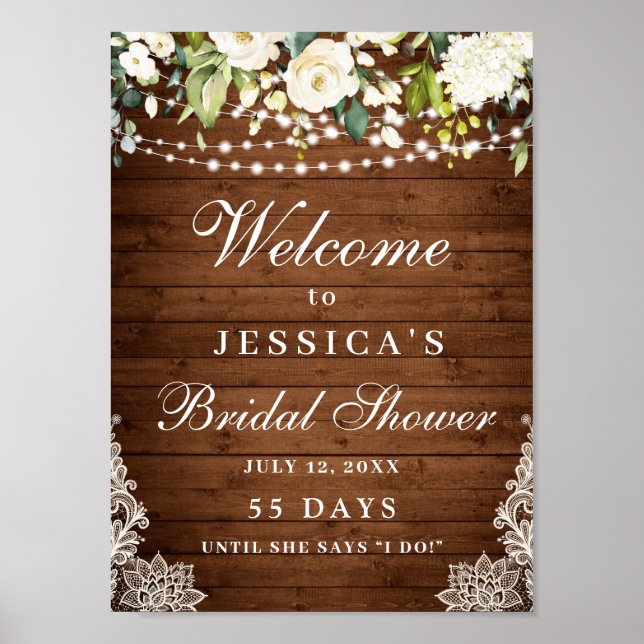Elegant White Roses Lace Rustic Wood Bridal Shower Poster (Front)