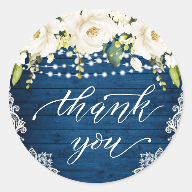 Elegant White Roses Lace Rustic Wood Thank You Classic Round Sticker (Front)
