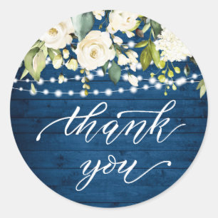 Elegant White Roses Lace Rustic Wood Thank You Classic Round Sticker