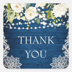 Elegant White Roses Lace Rustic Wood Thank You Square Sticker