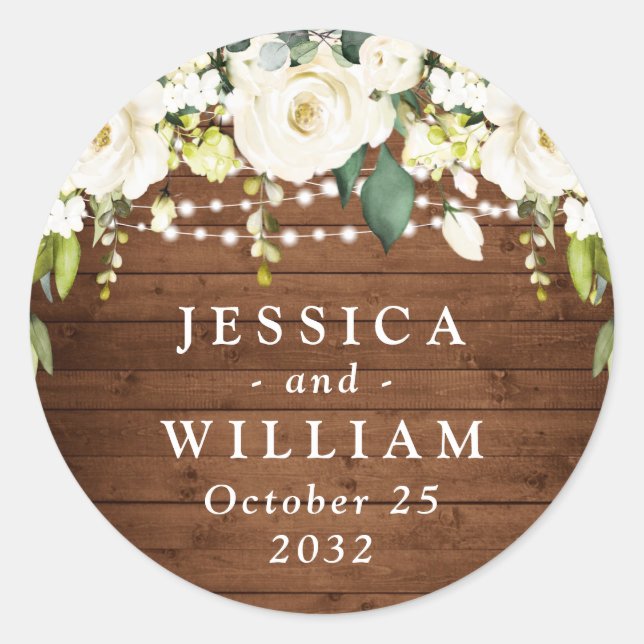 Elegant White Roses Lace Rustic Wood Wedding Classic Round Sticker (Front)