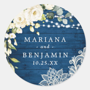 Elegant White Roses Lace Rustic Wood Wedding Classic Round Sticker