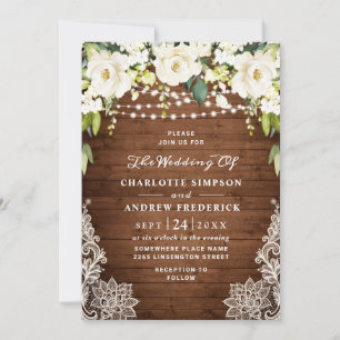 Elegant White Roses Lace Rustic Wood Wedding Invitation