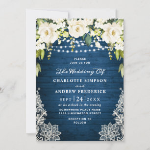Elegant White Roses Lace Rustic Wood Wedding Invitation