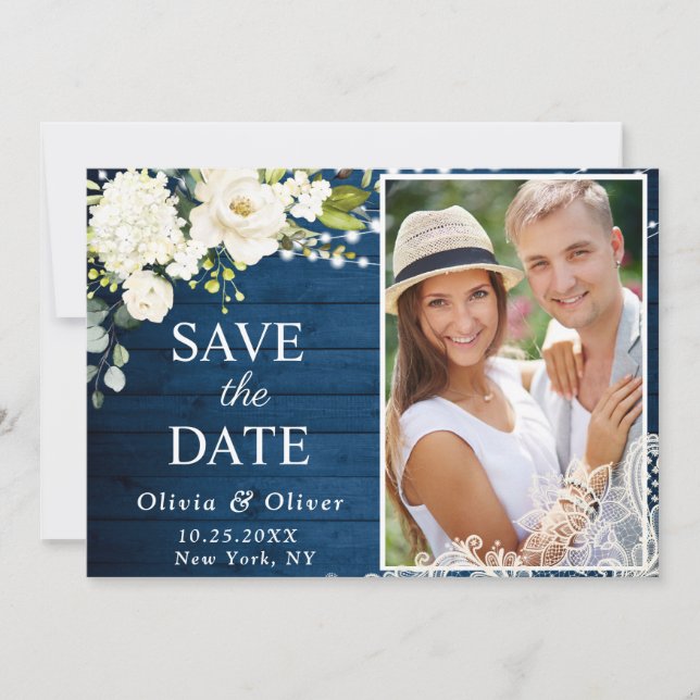 Elegant White Roses Lace Wood Rustic Wedding PHOTO Save The Date (Front)