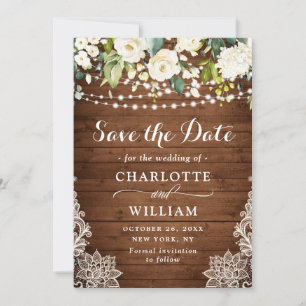 Elegant White Roses Lace Wood Rustic Wedding Save The Date