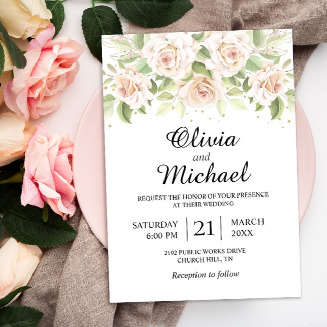 Elegant White Roses Minimalist Wedding Invitation (Creator Uploaded)