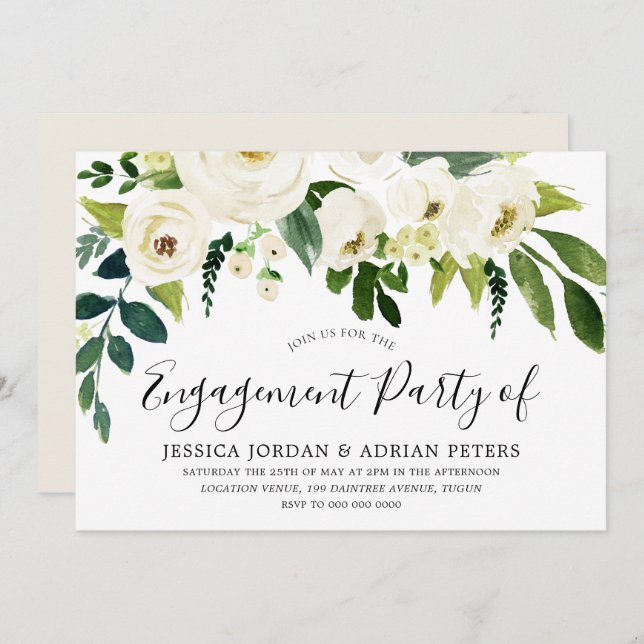 Elegant White Roses Modern Engagement Party Invitation (Front/Back)