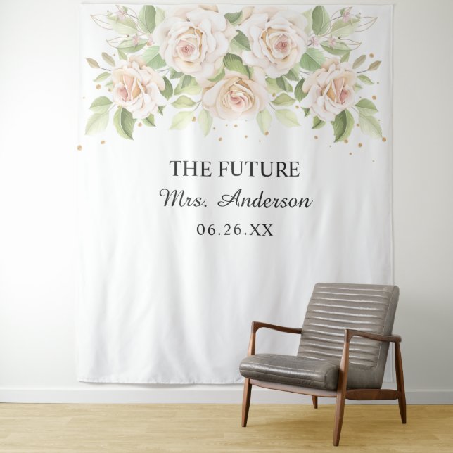 Elegant White Roses Mrs Bridal Shower Backdrop Tapestry (In Situ)