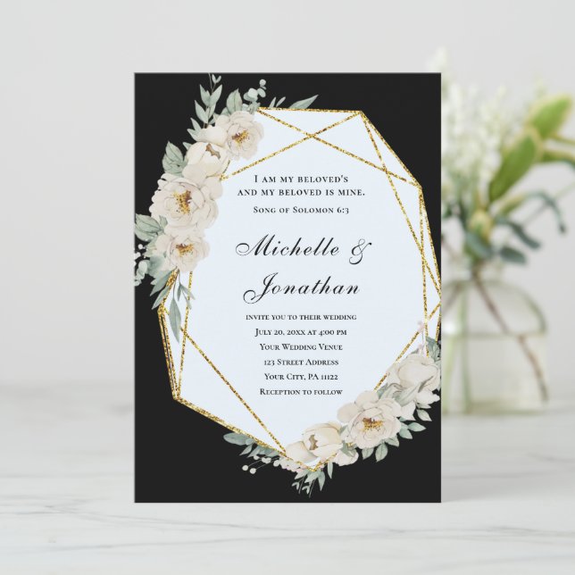 Elegant White Roses on Black Bible Verse Wedding Invitation (Standing Front)