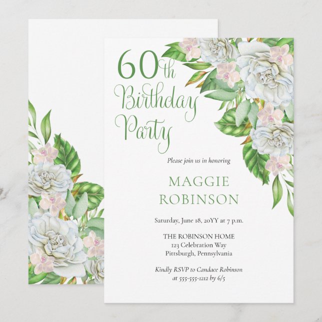 Elegant White Roses | Orchids 60th Birthday Party Invitation (Front/Back)
