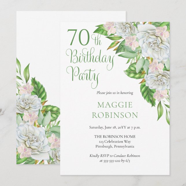 Elegant White Roses | Orchids 70th Birthday Party Invitation (Front/Back)