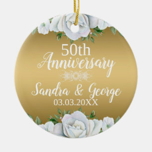 Elegant White Roses Over Gold Background Ceramic Ornament