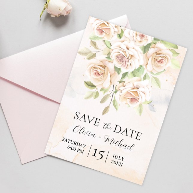 Elegant White Roses Photo Save the Date Invitation (Creator Uploaded)