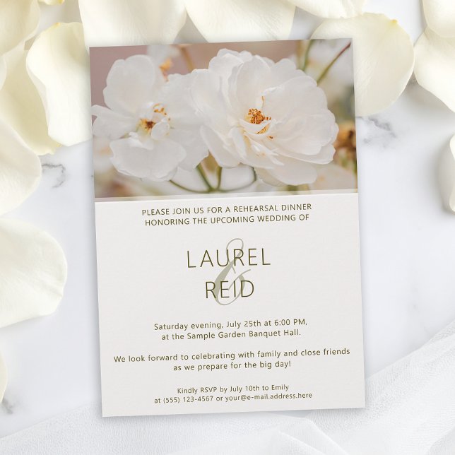 Elegant White Roses Photo Wedding Rehearsal Dinner Invitation (Creator Uploaded)