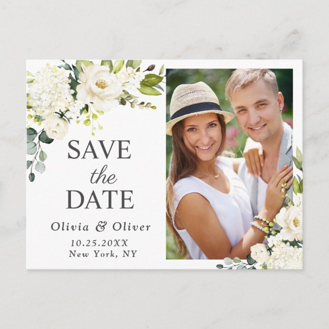 Elegant White Roses PHOTO Wedding Save the Date Postcard (Front)