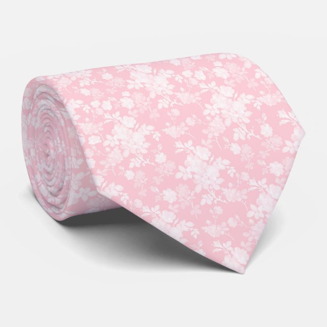 Elegant White Roses Pink Floral Tie (Rolled)