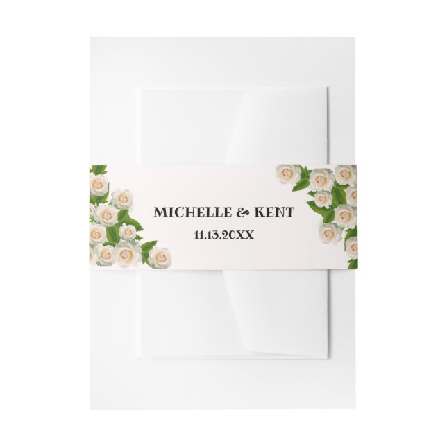 Elegant White Roses Pink Invitation Belly Band (Front Example)